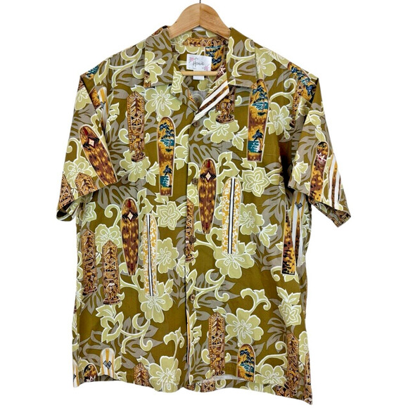 Vintage Howie Hawaiian Shirt Men XL Tiki Surf Board Wooden Buttons Camp Hibiscus - Picture 1 of 9